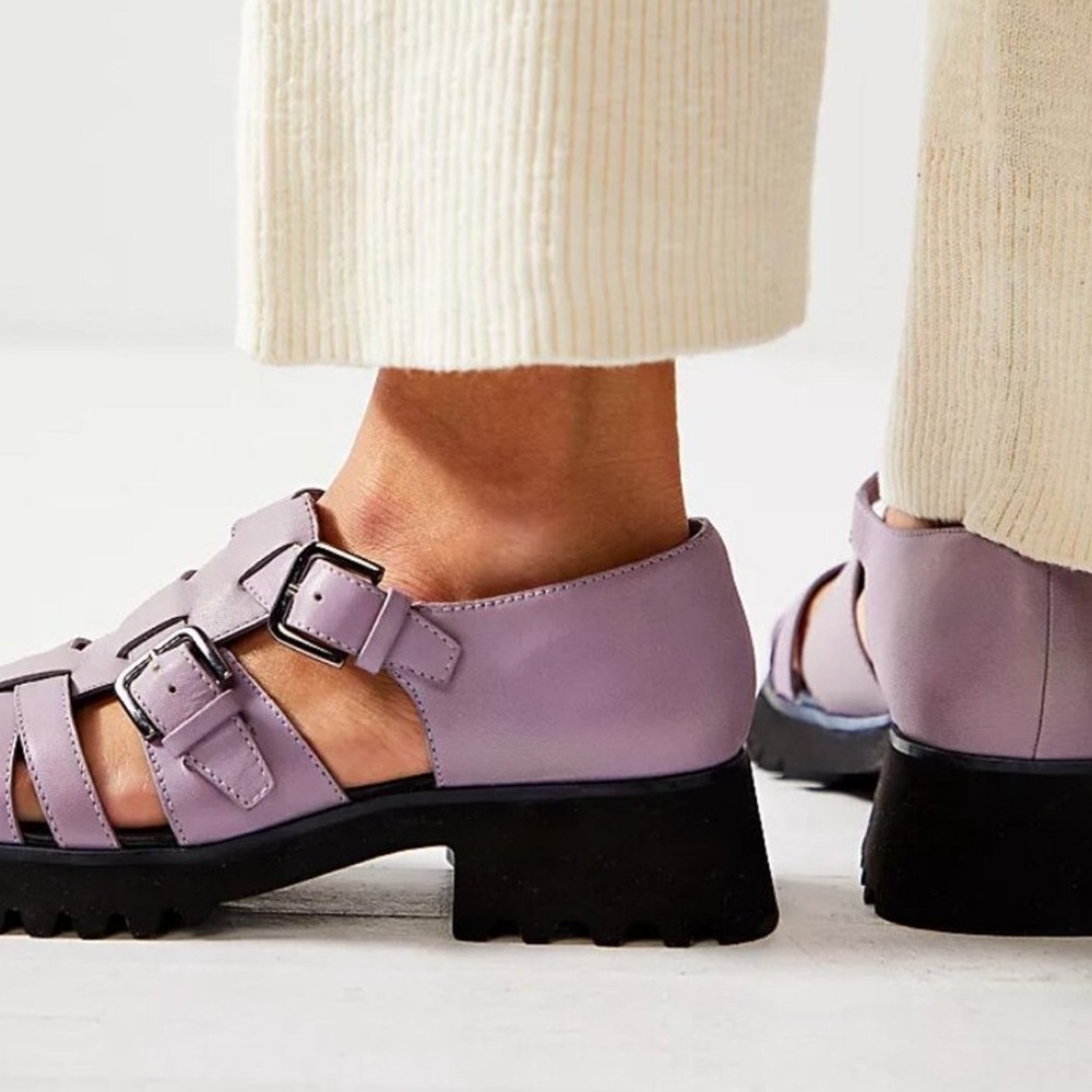 Free People Janis Fisherman Lilac Lavender Chunky Black Heel Sandals Size 8 - Picture 11 of 16